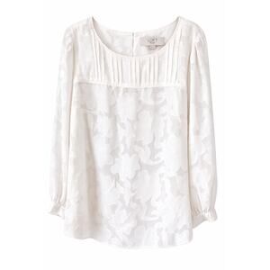 LOFT Plus 18 White Floral Jacquard Pintuck Blouse Long Sleeve Sheer Textured